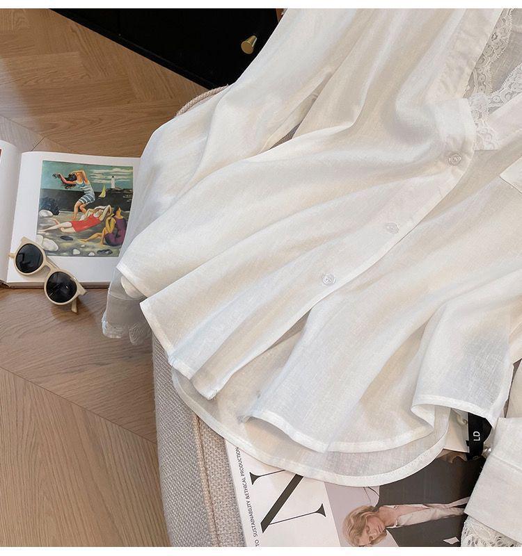 2024 Elegant Vit Tvådelad Spetsstickning Långärmad Lös Skjorttopp för Kvinnor