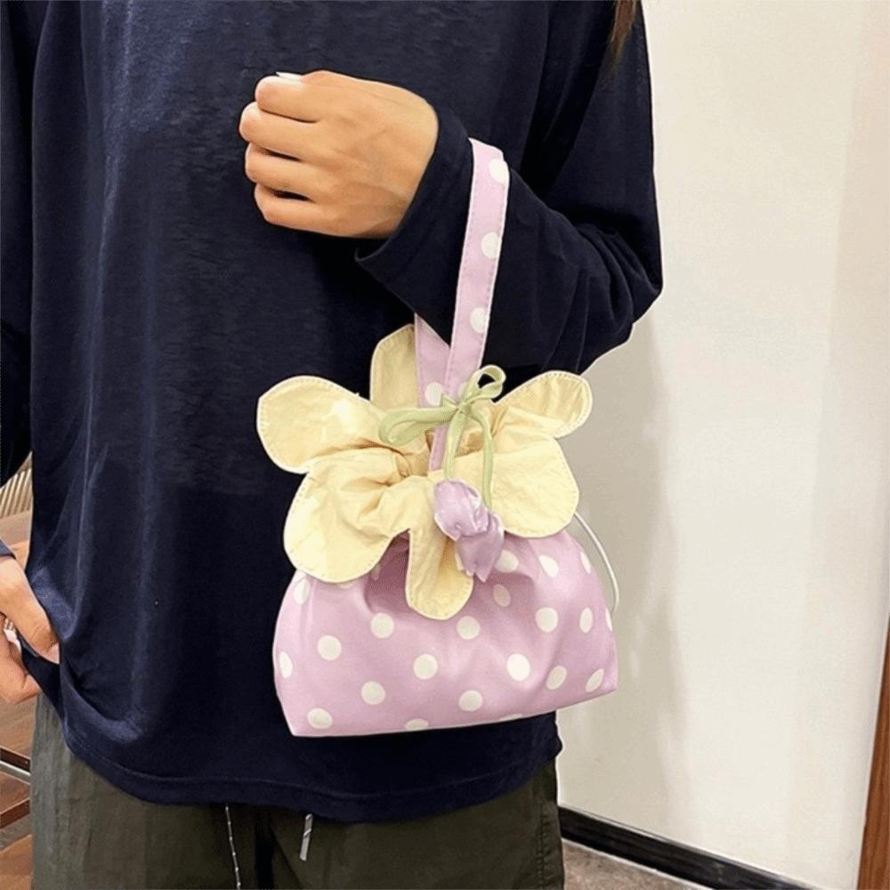 Floral Trim Polka Dot Flower Bag Flower Pendant Canvas Shoulder Bag Wrist Handbag Storage Bag