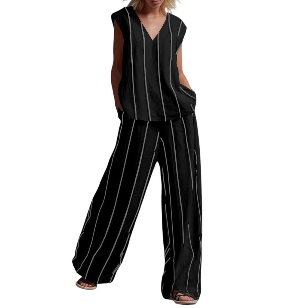 Conjunto Casual de Dos Piezas para Mujer con Top de Cuello en V sin Mangas y Pantalones de Pierna Ancha con Estampado de Rayas Ligero para Verano