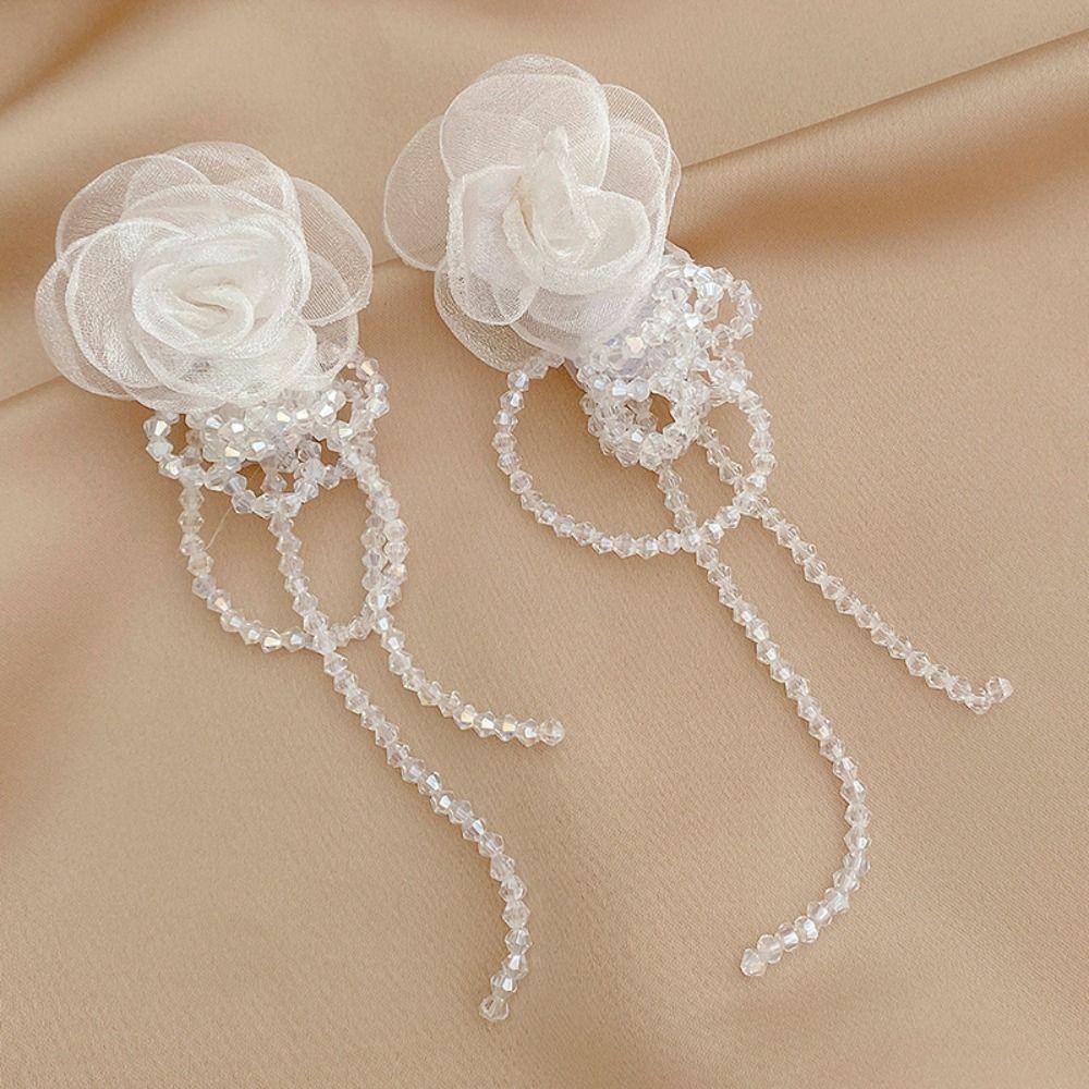 Light Luxury Tassel Earrings Long Crystal Dangle Earrings High-end Gauze Flower Earrings  Daily
