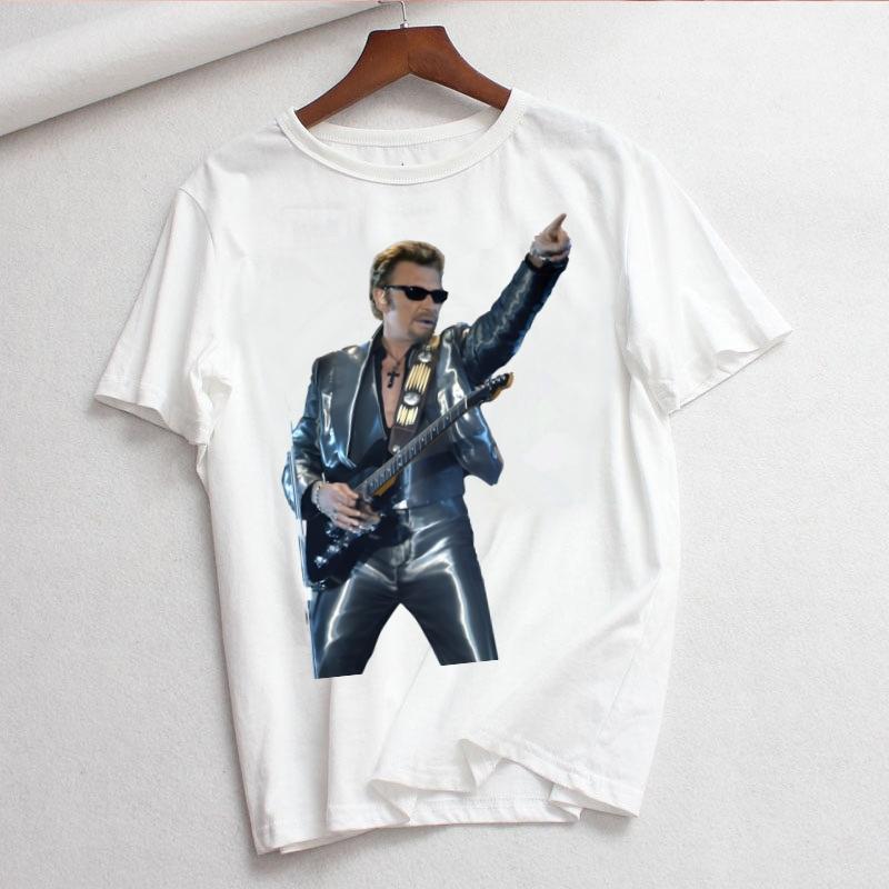 Johnny Hallyday Print T Shirt Women White and Black Shirts Fashion Round Neck Short Sleeve Cotton TShirt