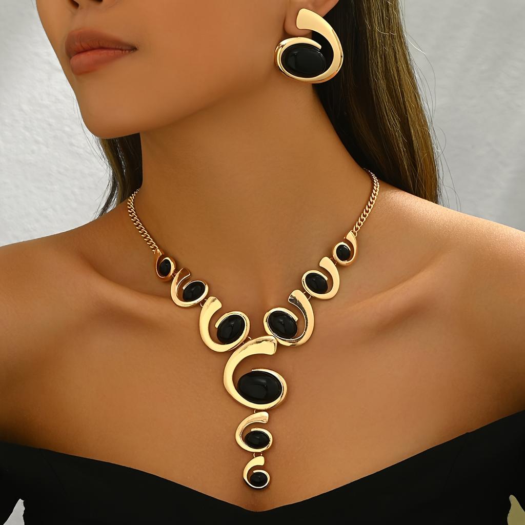 1 Set Boho Classic 2pcs Women'S Jewelry Set, Spiral Snail Shape with Black Rhinestone Inlay, Y-Necklace and Earrings