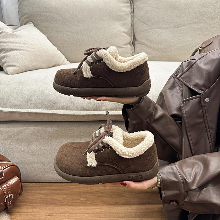 Japanese big head autumn and winter new thick velvet warm cotton shoes women's shoes Maillard color non-slip retro fluffy casual shoes