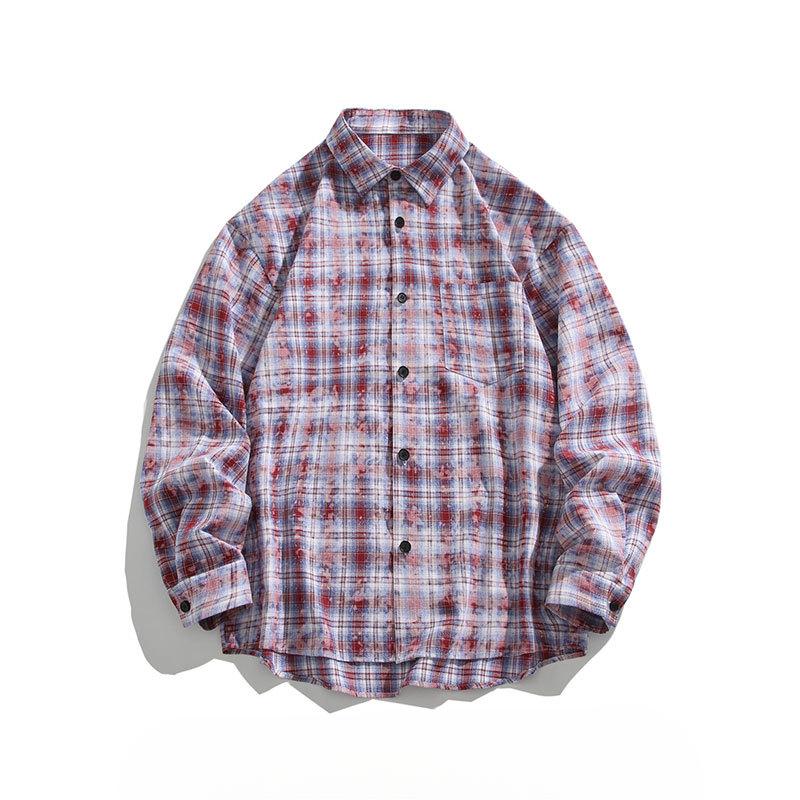 Men's Japanese Fashion Retro Tie-dyed Plaid Large Size Loose Long-sleeved Shirt Jacket Men