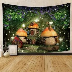 Magical Mushroom Village Tapestry  Whimsical Fantasy Wall Art Large Enchanting Home Decor Tapestry