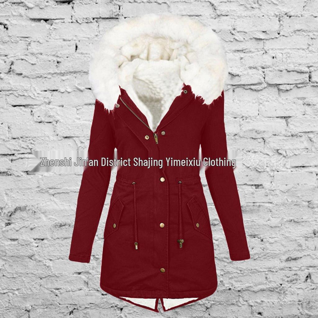 Women's Hooded Mid-Length Coat with Fur Collar and Waist Cinching - Plus Size, Thick, Cotton Padded for Autumn and Winter.