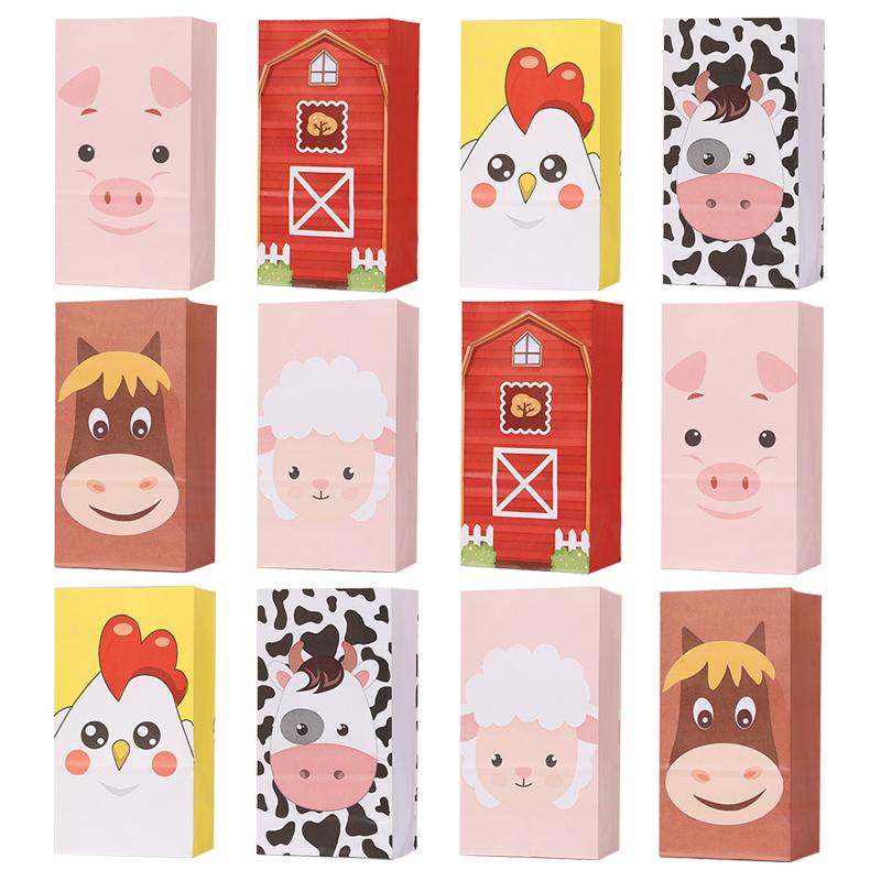 12pcs Farm Animal Cow Sheep Pig Gift Bag Children's Birthday Anniversary Paper Bags With Sticker Candy Biscuit Bag Party Supply