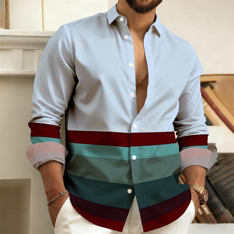 Men's Color-Block Striped Long-Sleeved Shirt, Business Casual Lapel Shirt, Fashionable Men's Top, Available In Sizes