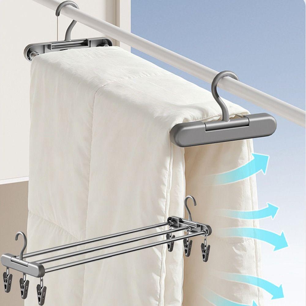 Foldable Design Blanket Drying Rack Stainless Steel Expandable Clothes Organizer Rectangular 6 Clips Bedsheets Storage Hanger