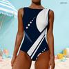 Women Plus Size High Round Neck Sleeveless One Piece Swimsuit Black White Grey Geometric Printed