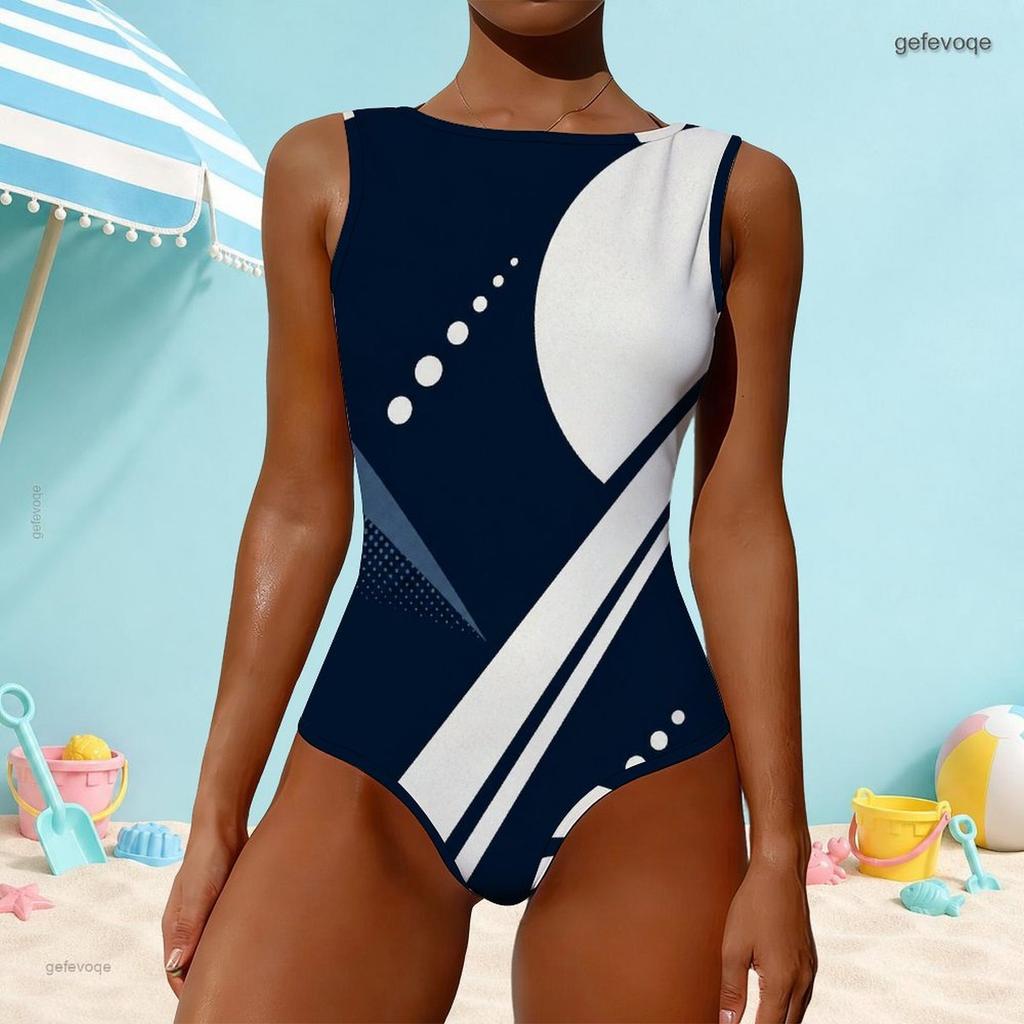 Women Plus Size High Round Neck Sleeveless One Piece Swimsuit Black White Grey Geometric Printed
