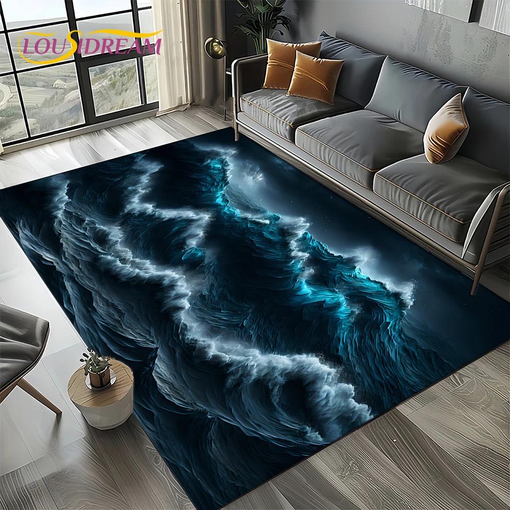 2025 New Style Blue Green Sea Wave Seawater Nature 3D Carpet Rug for Living Room Bedroom Home Sofa Decoration,Non-slip Floor Mat