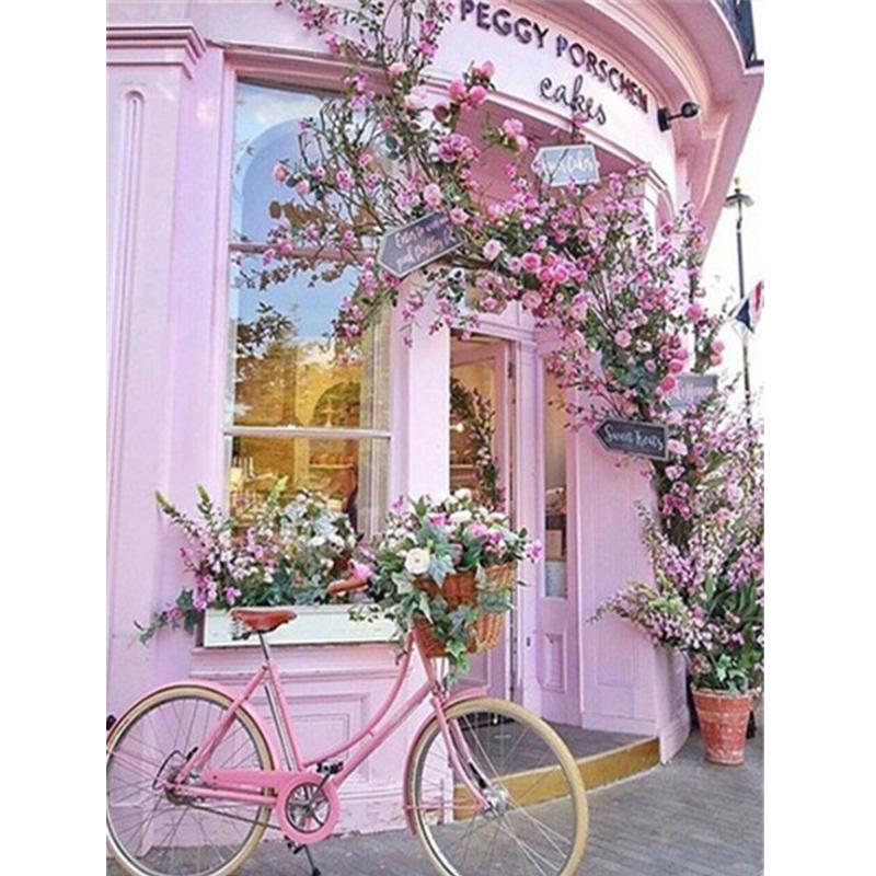 5D-Diamantgemälde zum Selbermachen, rosa Blume, Diamant-Stickerei, Fahrrad, Mosaik, Kreuzstich, Handarbeit, Strass, Heimdekoration