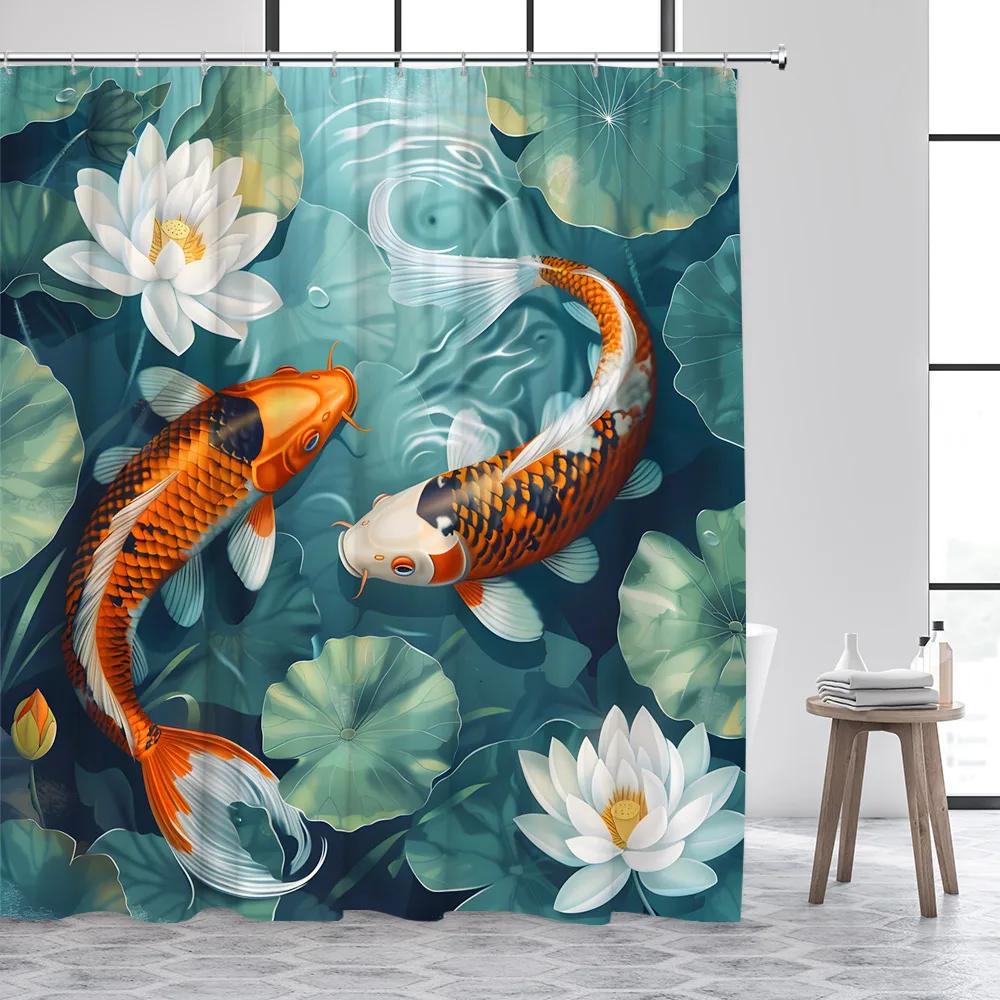 Japanese Style Koi Fish Shower Curtain White Lotus Green Leaves Lake Carp Floral Art Bathroom Decoration Polyester Bath Curtains