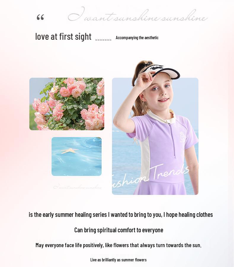 2026 Girls' One-Piece Swimsuit: Sun Protection, Quick-Dry, Short-Sleeve Swimwear for Medium & Large Children