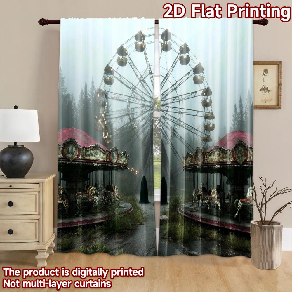 2D Flat Printing 2pcs Curtain Creepy Abandoned Carnival Ferris Wheel Digital Printed Polyester Drapes Family Party Use for