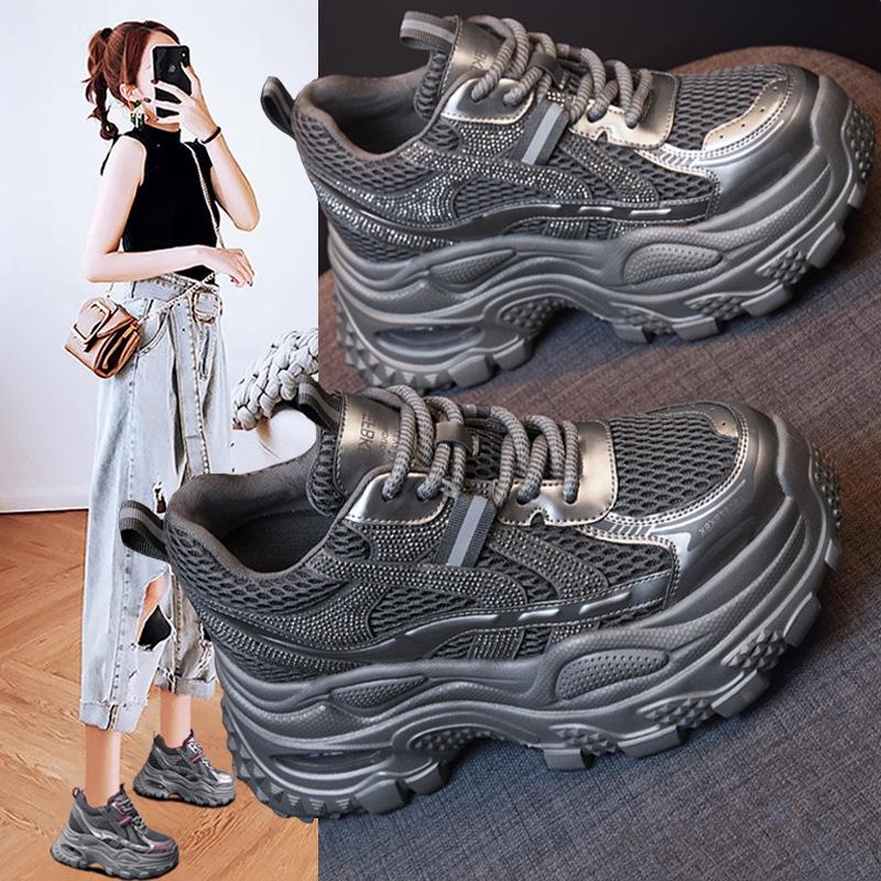 Thick-soled inner height-increasing rhinestone dad shoes for women's 2025 autumn new breathable and versatile women's shoes casual sports shoes