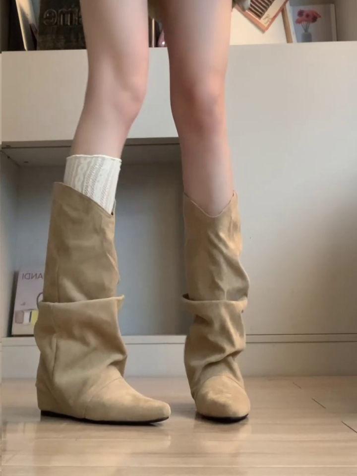 2025 fashion heightening pointed pleated piled boots but knee boots women's slim retro western boots medium boots