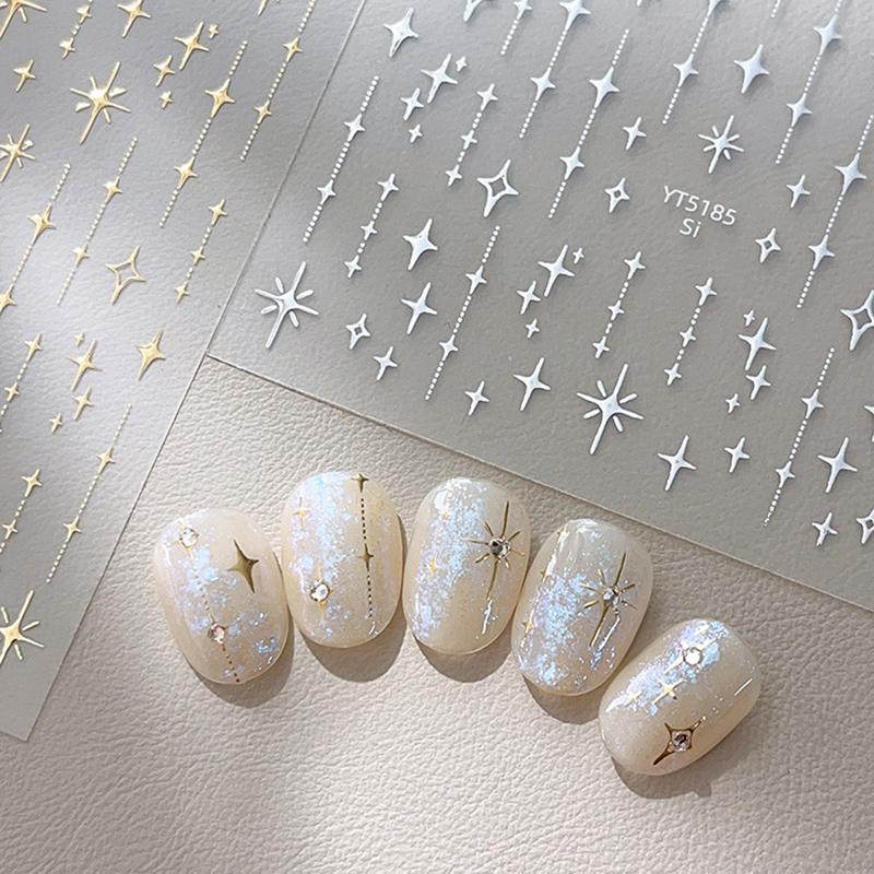 Gold Silver Stamped Starlight Laser Glitter Star Bronzing Relief Nail Art Decorations Stickers Manicure Decals