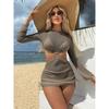 3 Pieces Hand Crochet Bikini Set 2026 Women Black White Cut Out Long Sleeve Cover Up Swimsuit Beach Bathing Suit Thong Swimwear