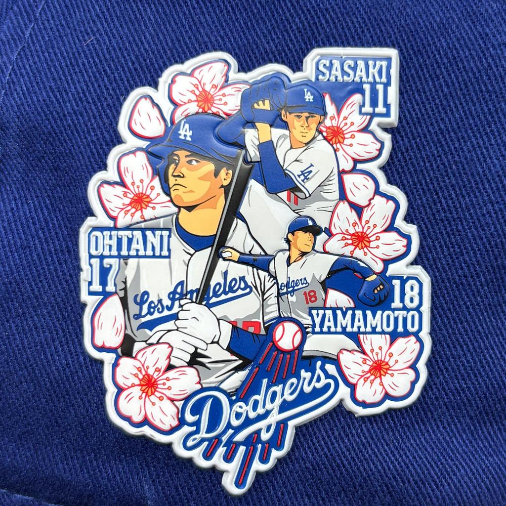 New Era 9TWENTY Los Angeles Dodgers Cap with Japanese Trio featuring Shohei Yoshinobu and Roki and Patch, Ohtani, Yamamoto, Sasaki. Blue. Men's
