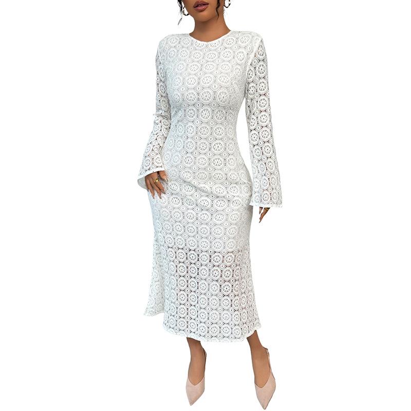 European & American 2025 Spring/Autumn Elegant Fishtail Skirt Long Sleeve Lace White Dress