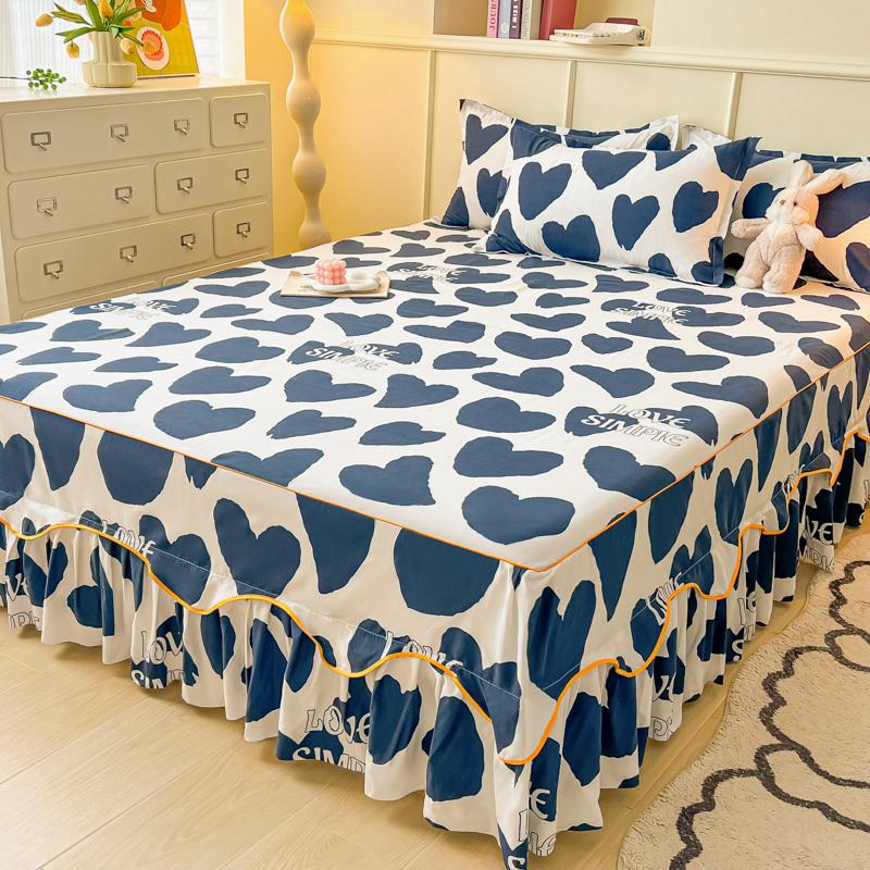 Printed Bed Skirt with Pillowcase Queen Size Bed Cover Set Ruffles Mattress Protector Home Bed Linen Soft Bedspread Jupe De Lit