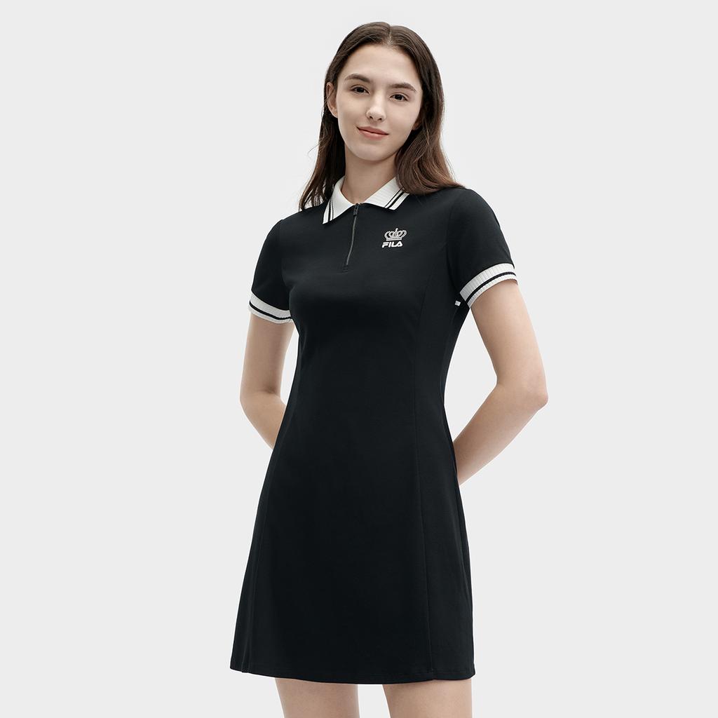 FILA Heritage Knit Moisture-Wicking Casual Polo Dress Women Dresses Black F11W428305FBK