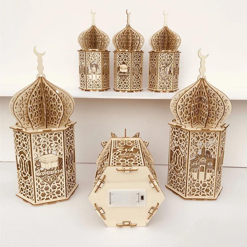 Eid Mubarak Wooden Pendant With Led Candles Light Ramadan Decorations For Home Islamic Muslim Party Eid Ramadan Decoration