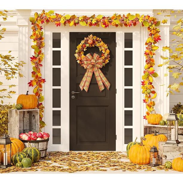 Large Fall Plaid Bow for Wreath, Autumn Thanksgiving Bow for Front Door Indoor Outdoor Wall Decoration Supplies Ornaments
