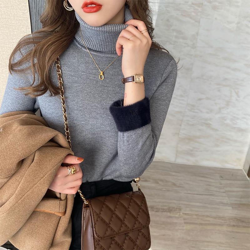 

Fleece sweater women s autumn and winter integrated fleece thickened knitted bottoming shirt turtleneck pullover with large size thermal top inside average size [recommended 80-60 kg] серый