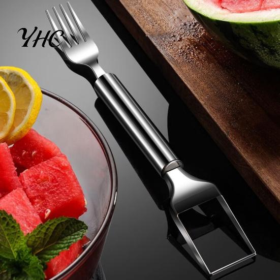Fruit Cube Cutter 2-In-1 Watermelon Fork Slicer Stainless Steel Portable Compact Cutting Tools for Family Parties Camping Mango Pear Refreshing Tool