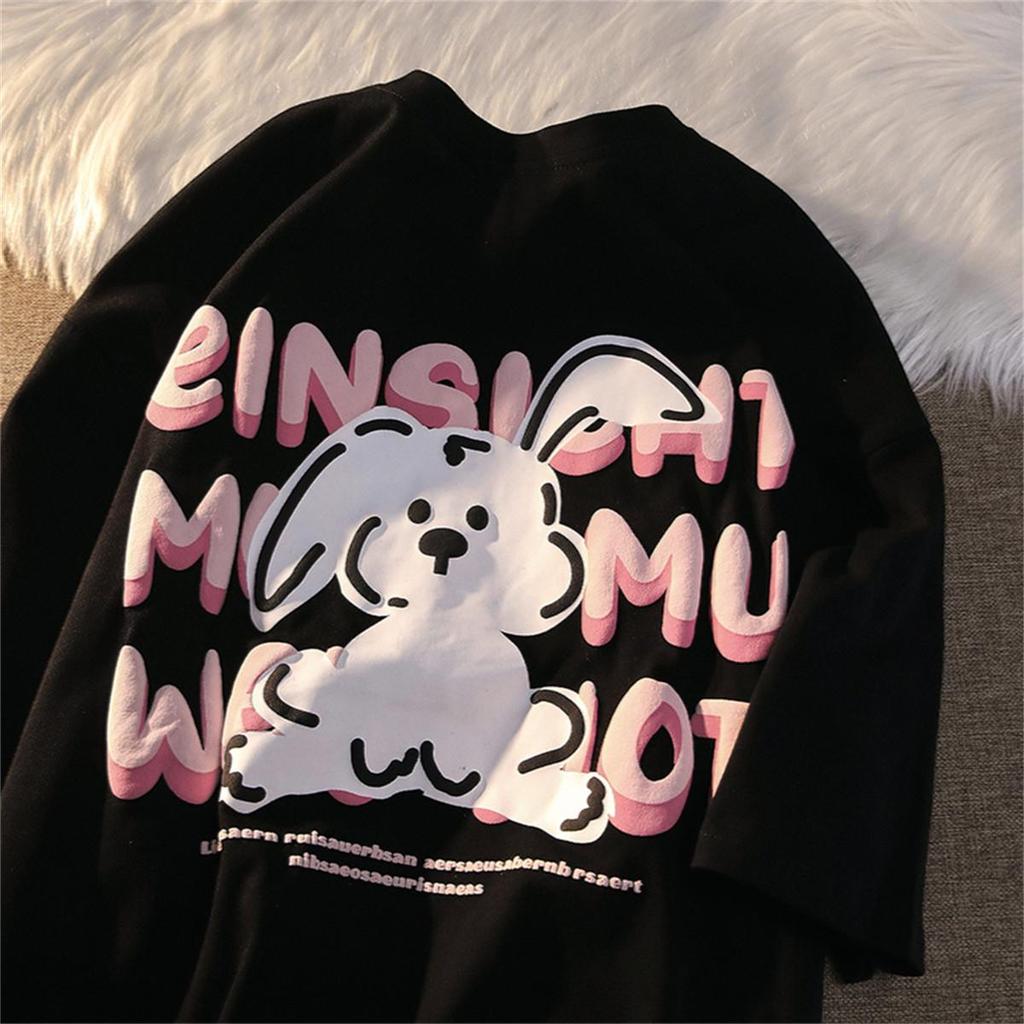 Black and Pink Rabbit Print Short-Sleeve T-Shirt, Unisex, Plus Size, 100% Cotton, Loose Fit for Couples.