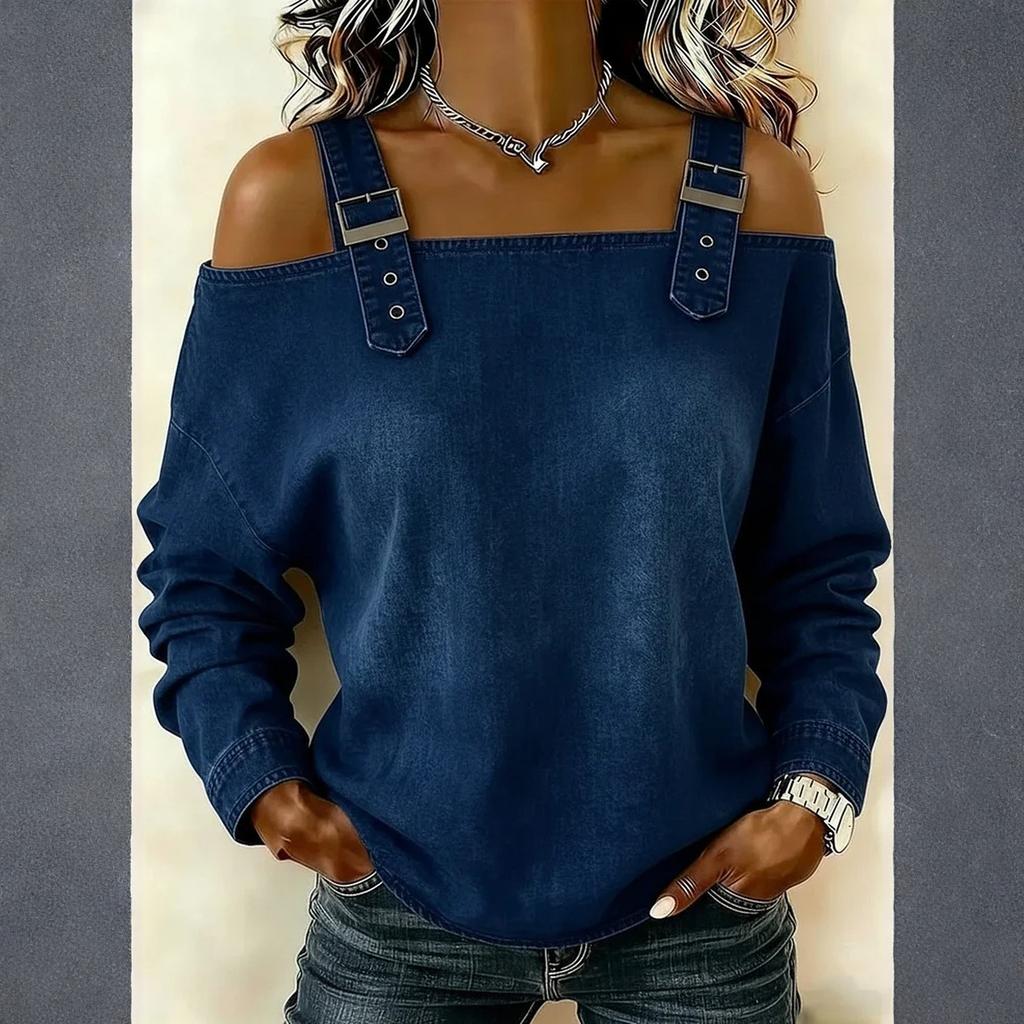 Women's Elegant And Versatile Off-the-shoulder Long-sleeved Top With Shoulder Straps.