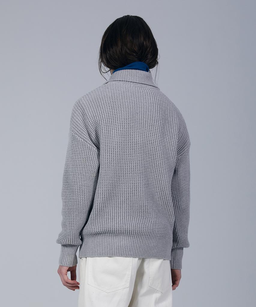 KNITTED Soft Cotton Heavy Waffle Half Zip Knit Melange Grey
