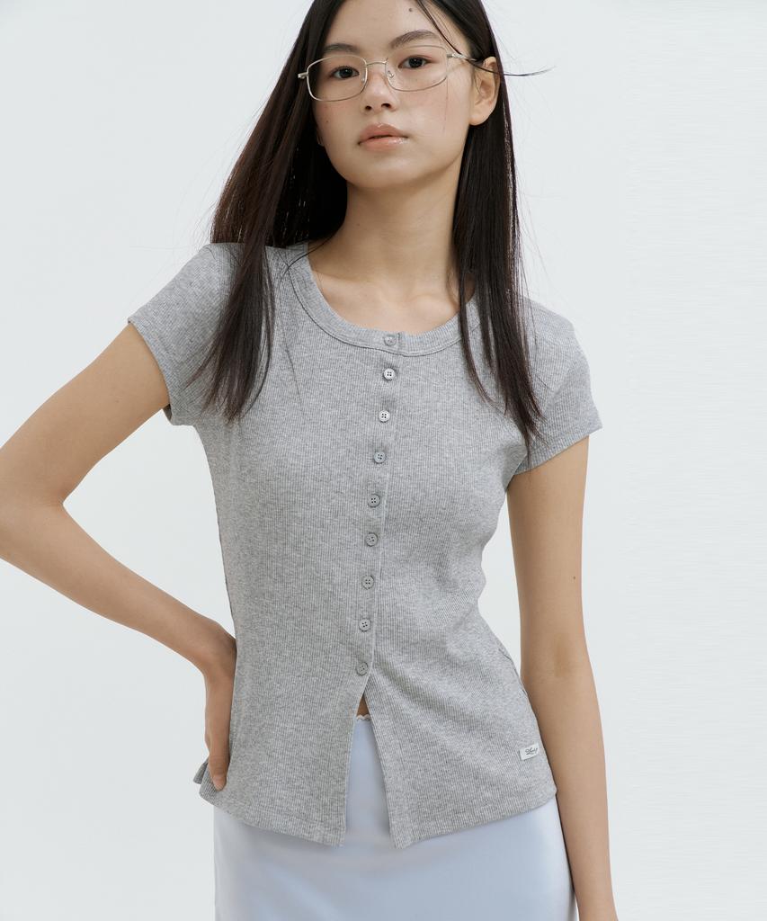 LUCIR ZU Henley Button-Up Sleeve Top (Melange Gray)