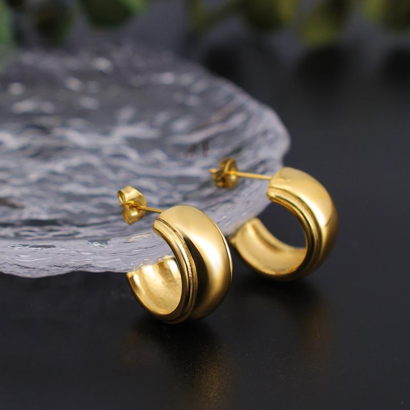 Elegant French C-Shaped Wide Noodle Stud Earrings - High-Quality Gold Plated Stainless Steel