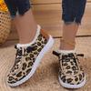 Women's Leopard Print Slip-On Snow Boots - Cotton, Plush, Flat Bottom, Large Sizes (Autumn/Winter)