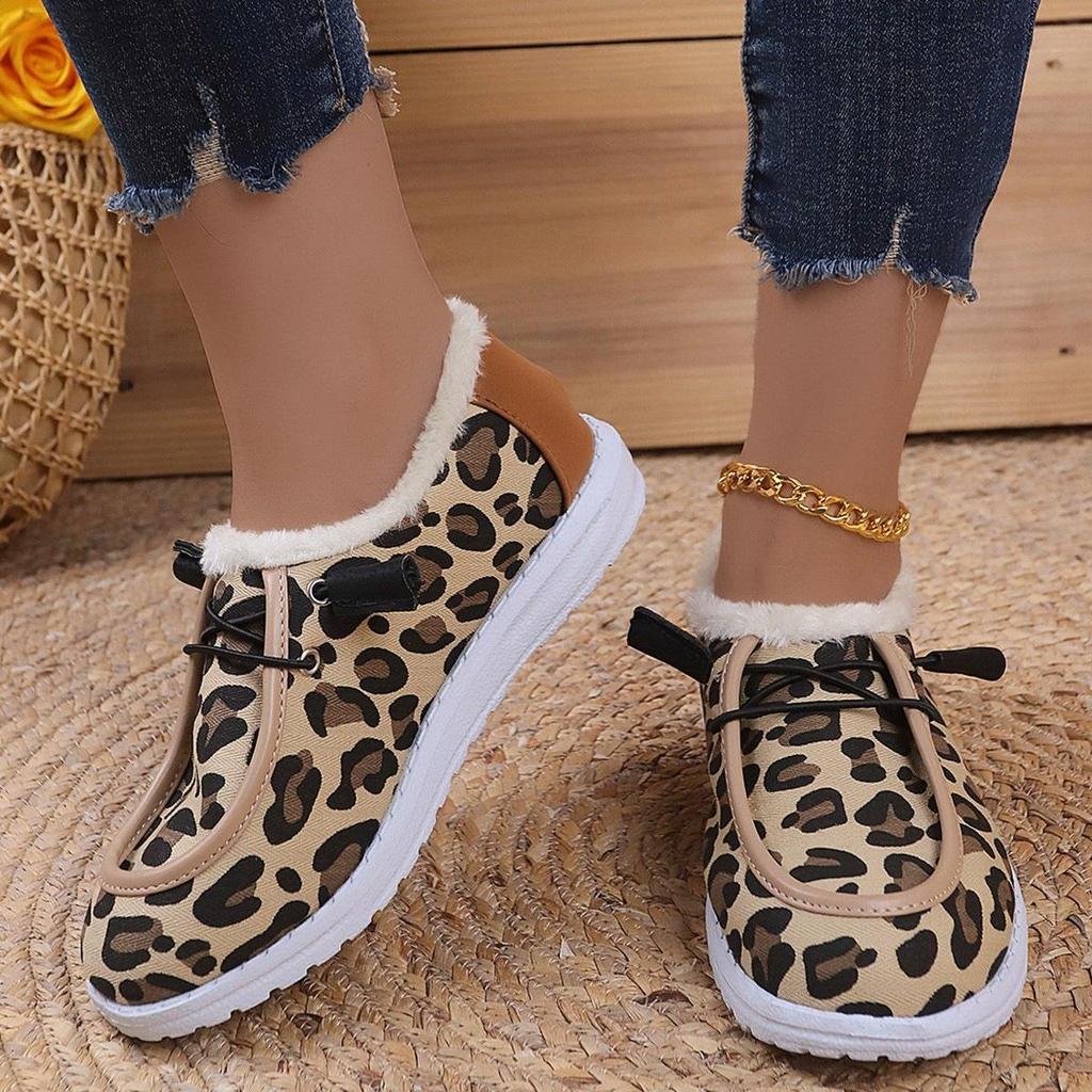 Women's Leopard Print Slip-On Snow Boots - Cotton, Plush, Flat Bottom, Large Sizes (Autumn/Winter)