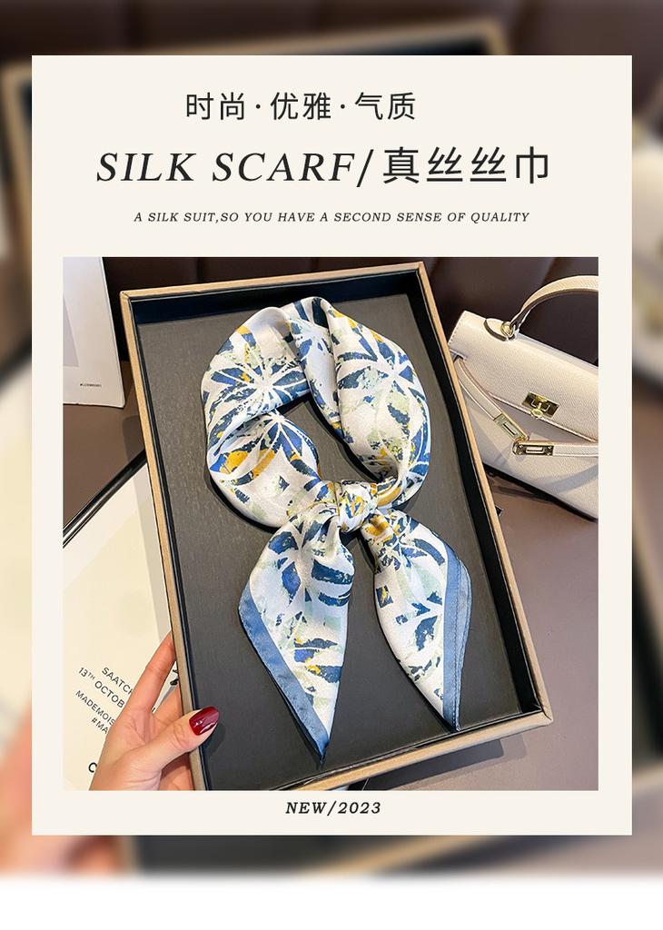Korean version of simple broken flowers, fresh blue silk scarf, women's 71 square scarf, neck protection, professional wear, commuting tide