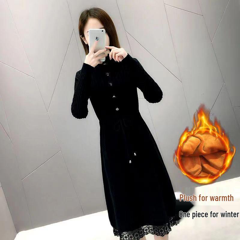 Women's Mid-Length Velvet Thick Knit Dress, Lace Loose Half-High Neck, Autumn/Winter 2025 Collection