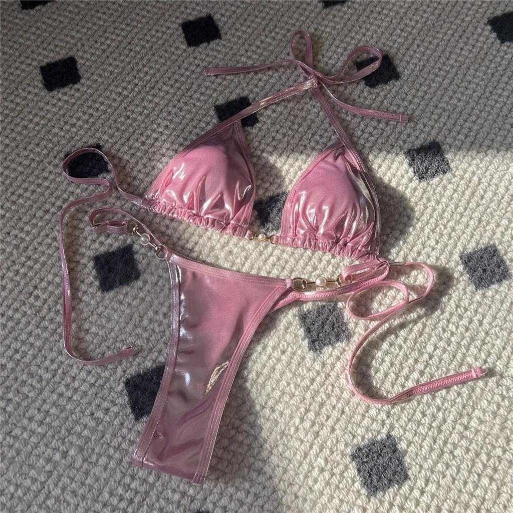New PU Faux Leather Halter Mini Thong Bikini Female Swimsuit Women Swimwear Two-pieces Bikini set Bather Bathing Suit Swim
