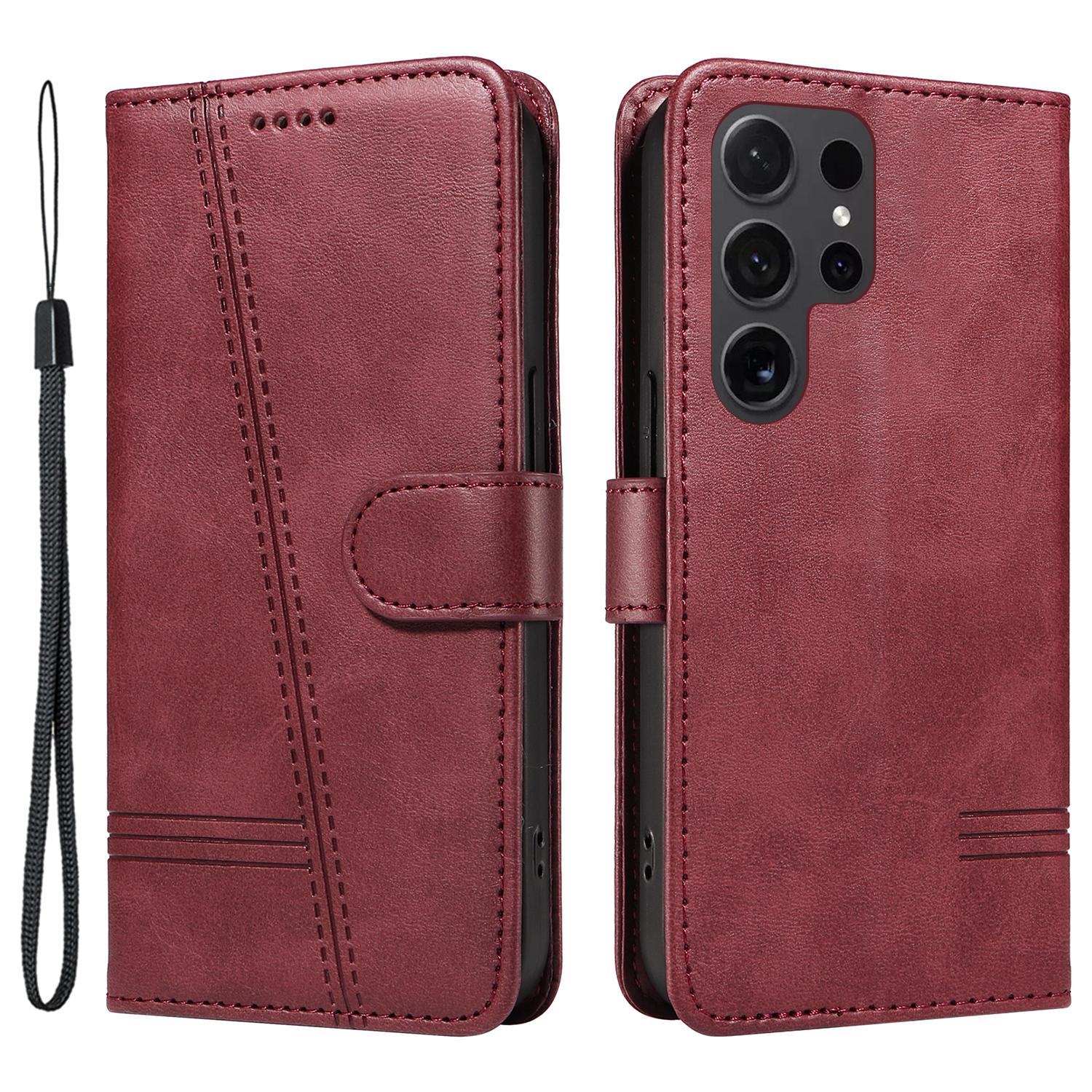 

For Samsung Galaxy S24 Ultra Case T-Shaped Lines Leather Wallet Cover Wine Red