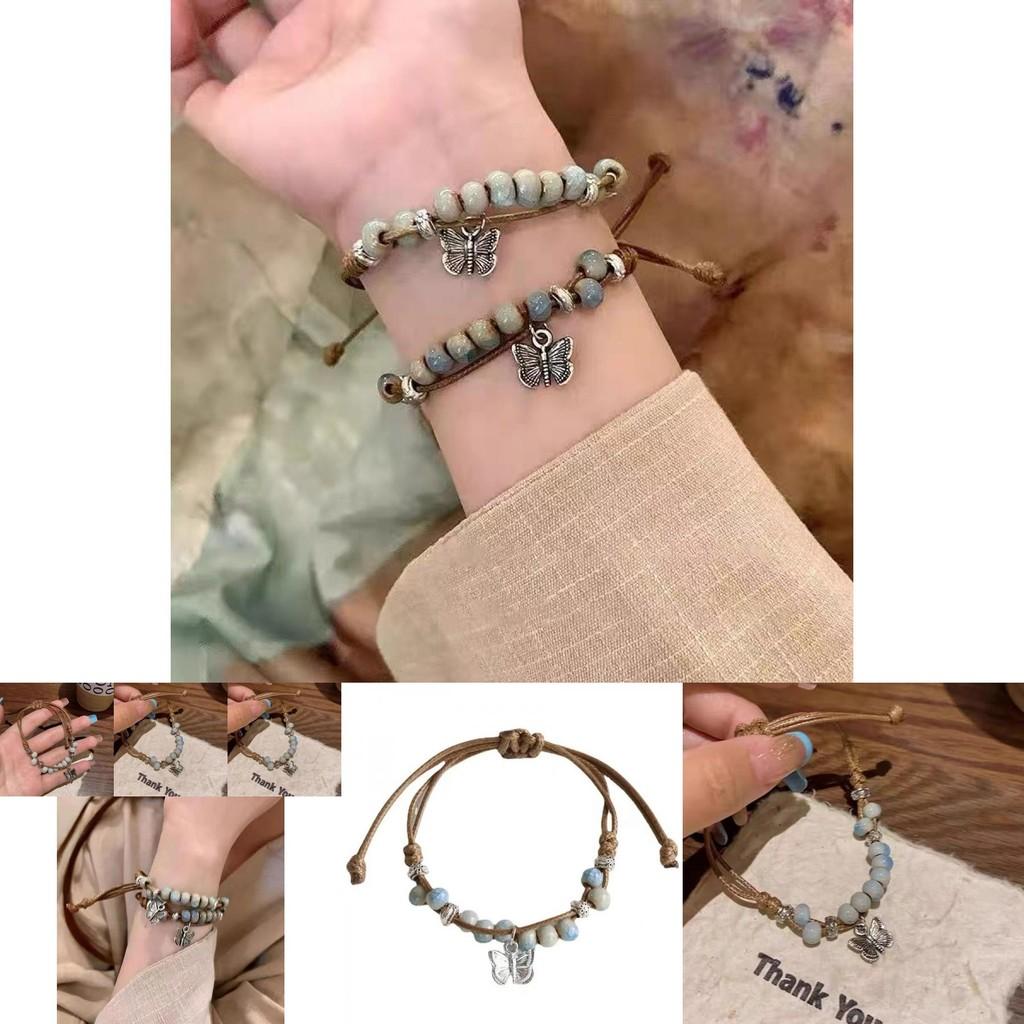 Vintage Style Ceramic Beaded Bracelet With Butterfly Design Adjustable Handmade