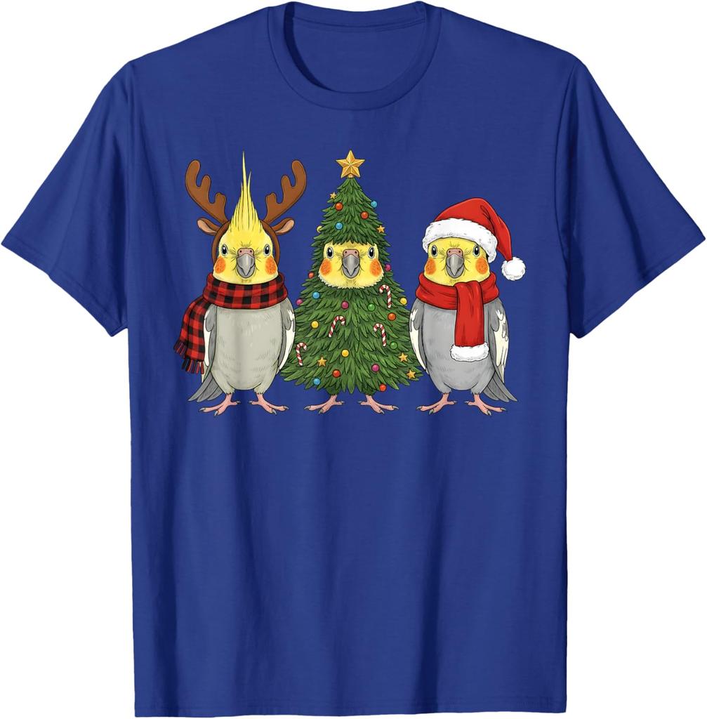 Funny Cockatiel Christmas T-Shirt Santa Reindeer Parrot Graphic Tee Unisex Casual Cotton Print