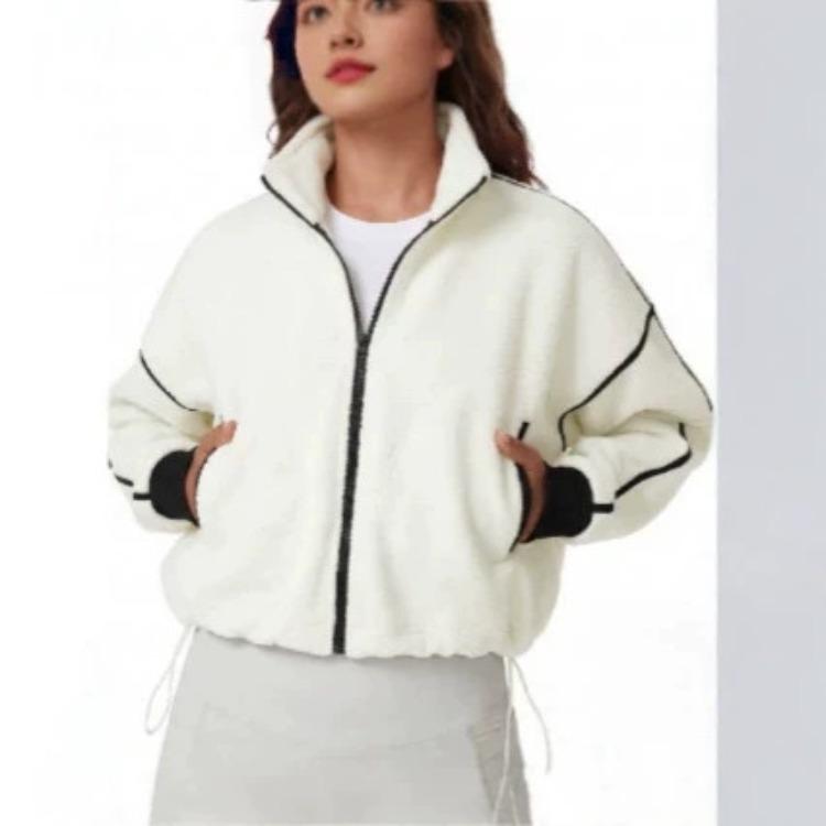 Women Fleece Lined Zip Up Jacket Stand Collar Oversized Casual Color Block Loose Sweatshirt S
