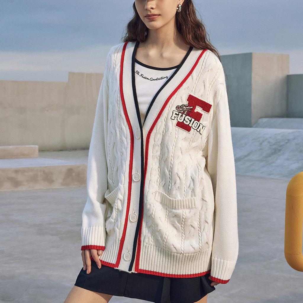 FILA Fusion New Year Dragon Fortune Series Letter Logo Printed Loose Knit Cardigan Sweater Women sweater Cloud-White T11W412402F-WT