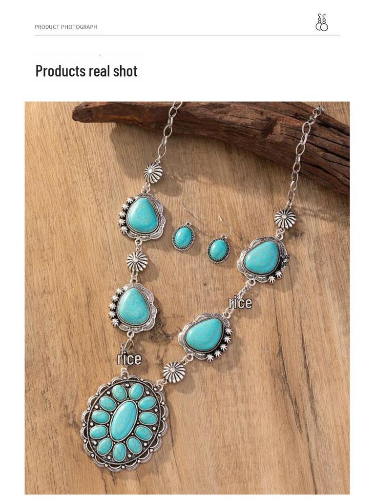 European & American Retro Turquoise Necklace and Earring Set
