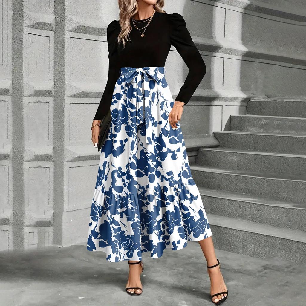 Women's Floral Print High Waist Fashionable And Elegant Dress