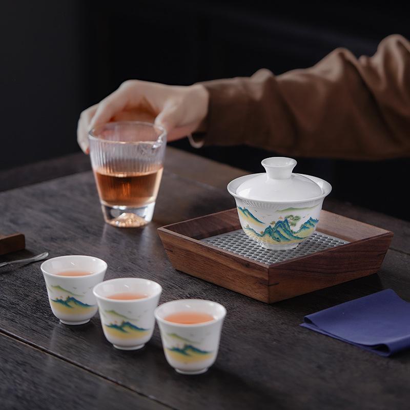 Dehua Simple White Porcelain Suet Jade Cover Bowl Travel Tea Set Small Set Outdoor Portable Going Out Business Activities Gifts